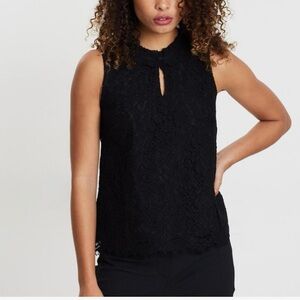 J. CREW Ruffle Collar BLK Floral Lace Sleeveless Keyhole Front Eyelash Hem Top S